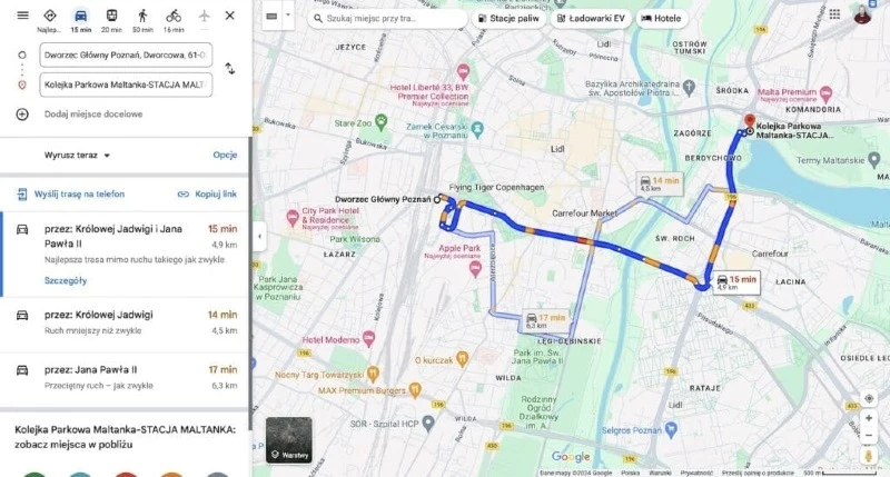 Screenshot Google Maps &ndash; wyszukiwanie trasy