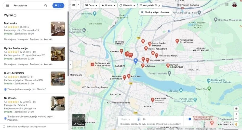 Screenshot Google Maps &ndash; wyszukiwanie restauracji